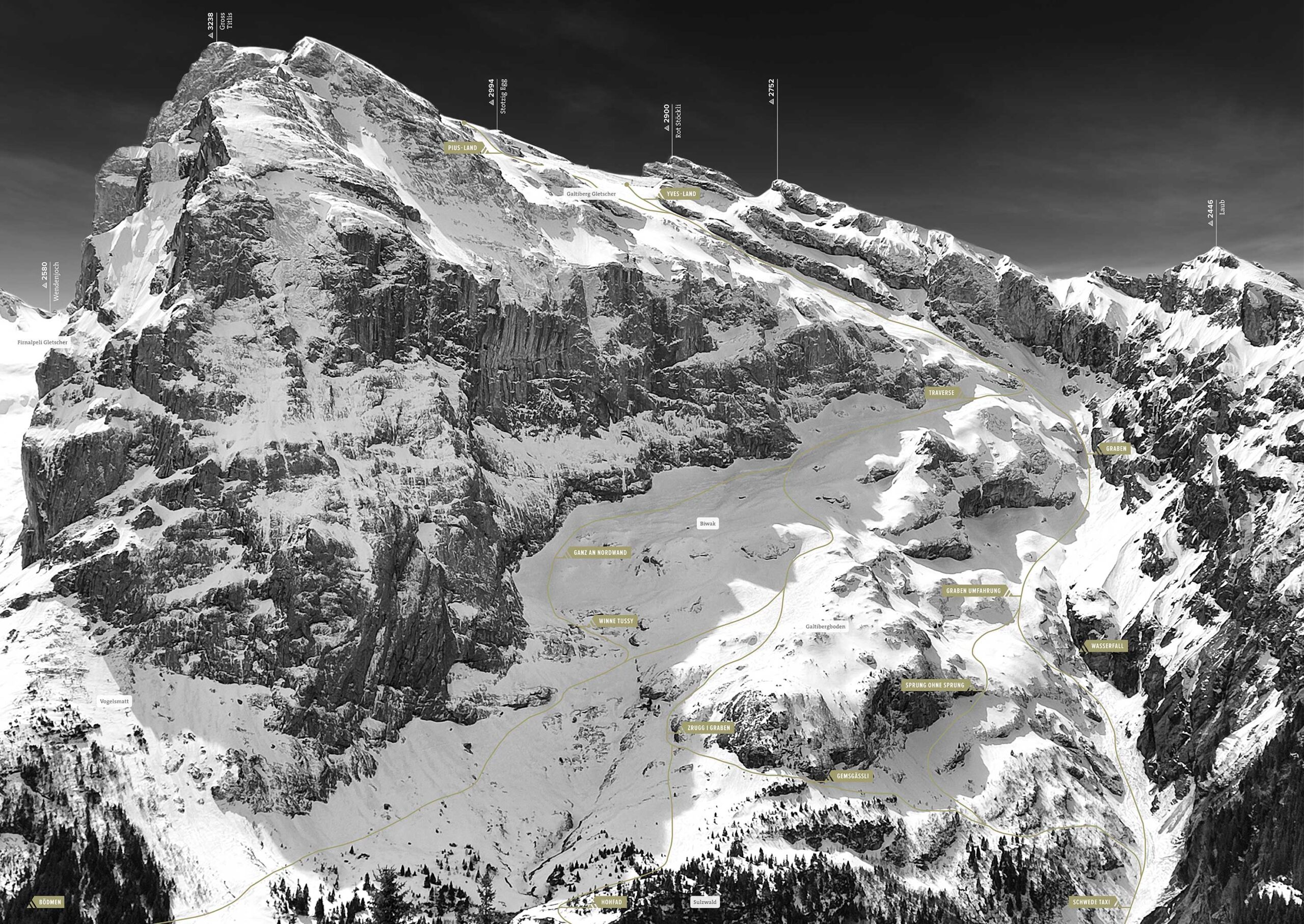 Übersichtskarte der Freeride-Abfahrt Titlis Galtiberg bei Engelberg