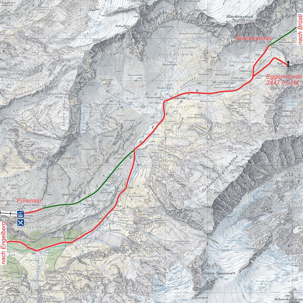 Routenkarte der Skitour auf den Surenenpass und das Eggenmandli mit Aufstiegs- und Abfahrtsroute ab der Fürenalp.
