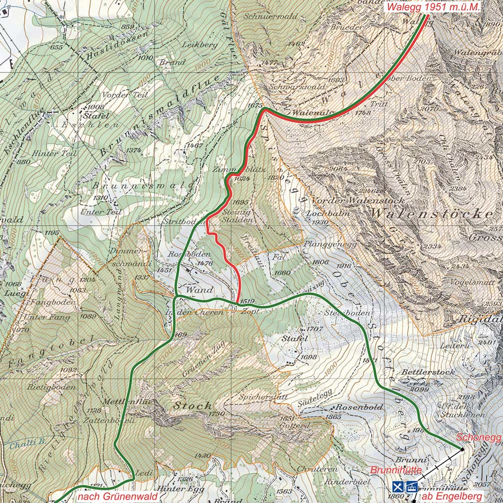 Routenkarte der Skitour auf die Walegg 1951 m oberhalb von Engelberg mit eingezeichneter Aufstiegs- und Abfahrtsroute.
