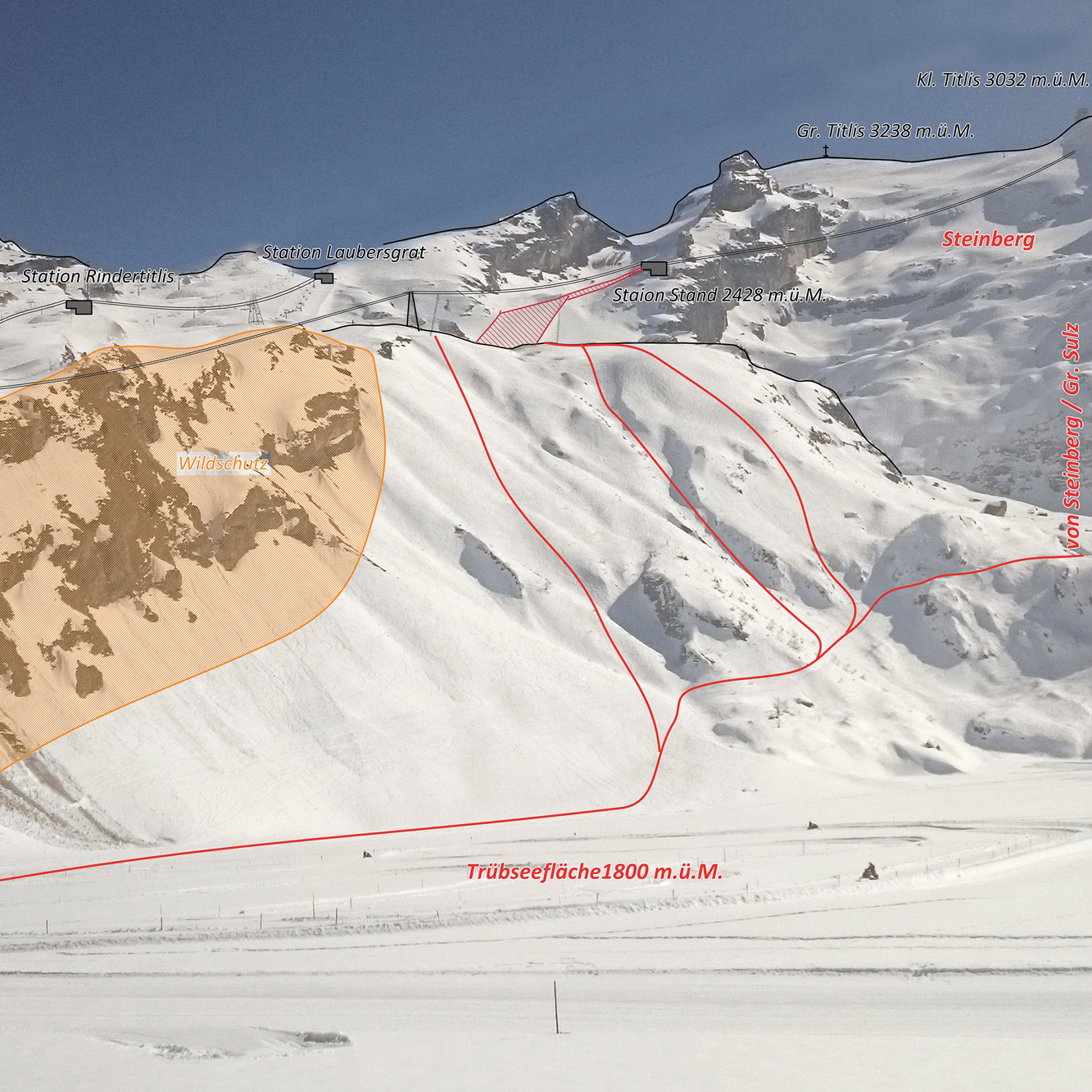 Routenkarte der Freeride-Abfahrt Schlächtismatt am Titlis mit Varianten und Couloir.