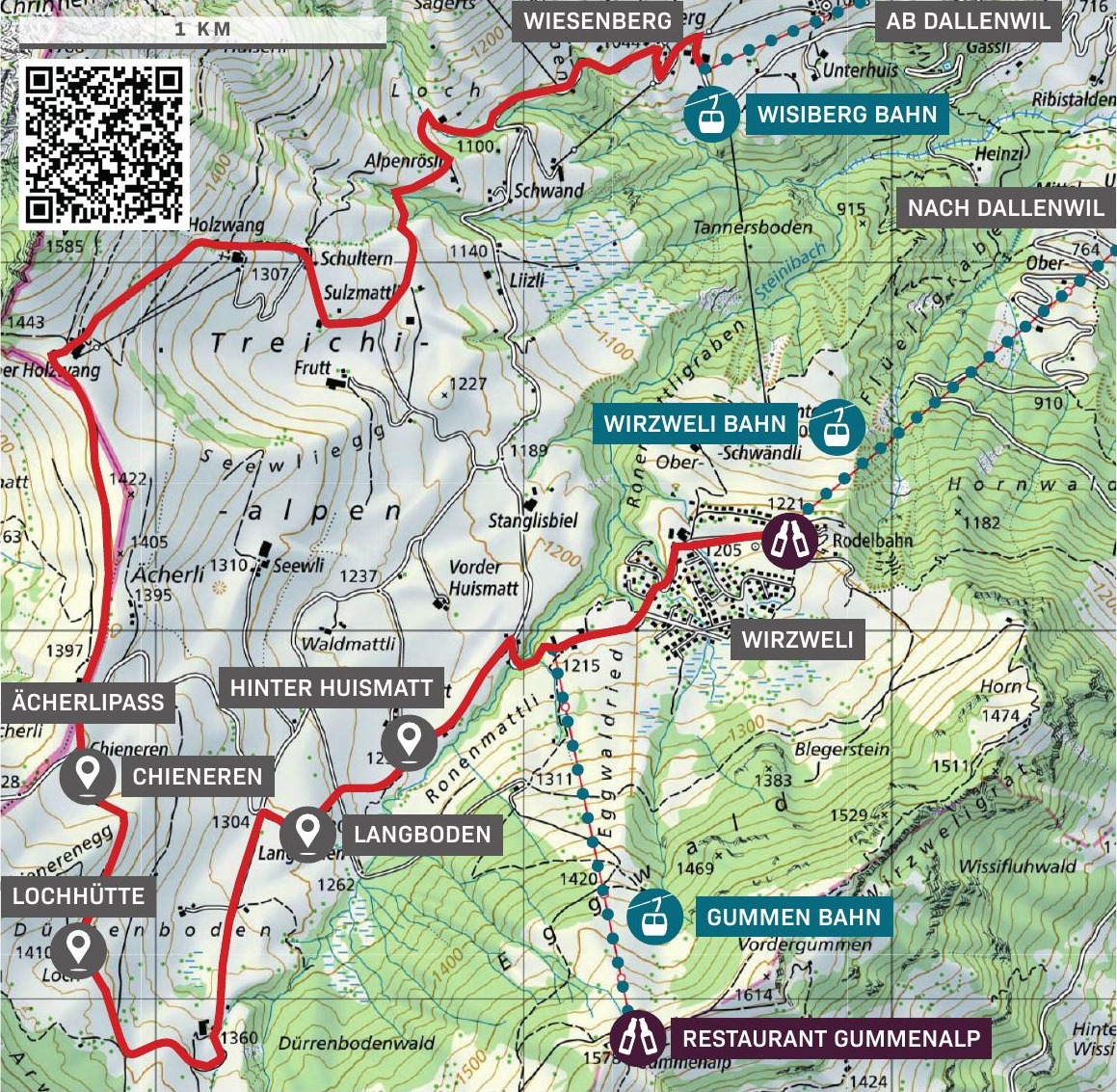 Orientierungskarte des Alpengold-Themenwegs von Wiesenberg über Ächerlipass, Lochhütte und Huismatt zum Wirzweli