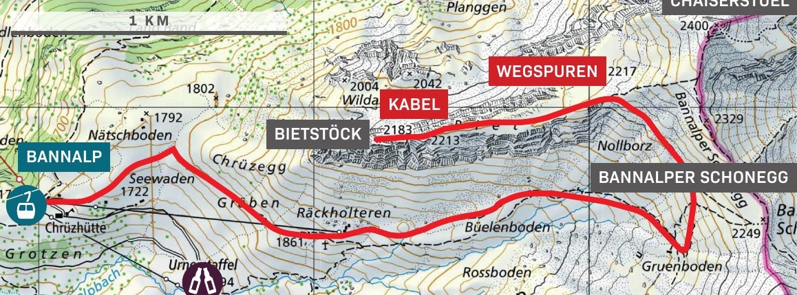 Orientation map of the Bietstöck hike from Bannalp via trail markings and the eastern ridge