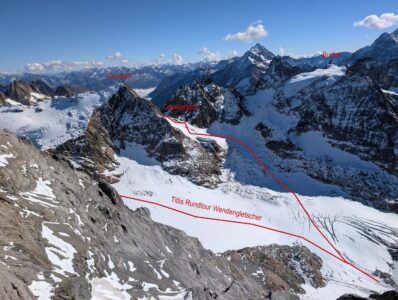 Wendengletscher mit Aufstiegsroute Titlis Rundtour. Herbst 2025